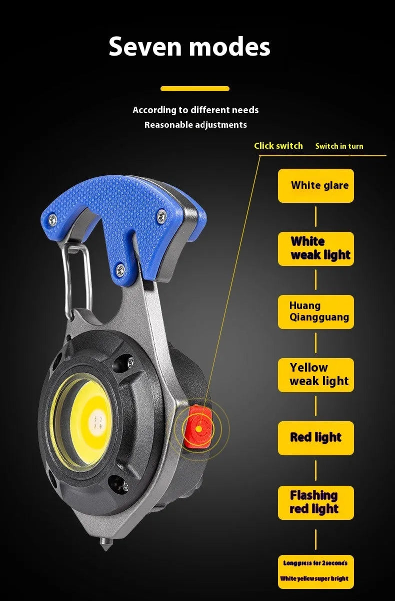 Compact multifunctional keychain flashlight showing light modes, window breaking hammer, screwdriver, and keyring attachment.