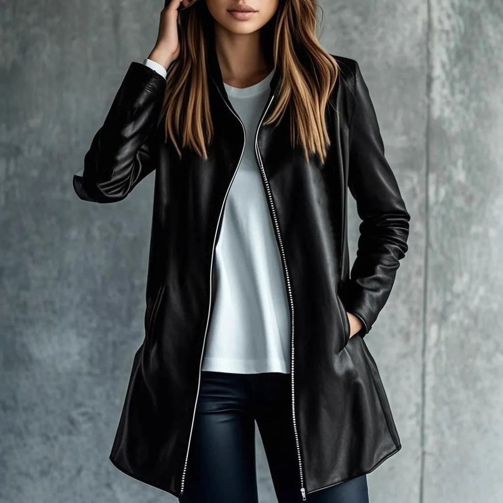 Women's black polyester leather jacket with medium 65cm length and long sleeves