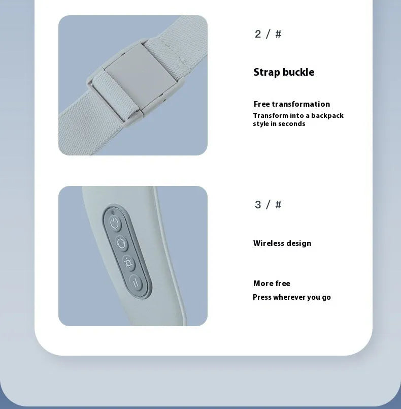 Grey elastic fabric neck and back massager with infrared physiotherapy function and USB charging port