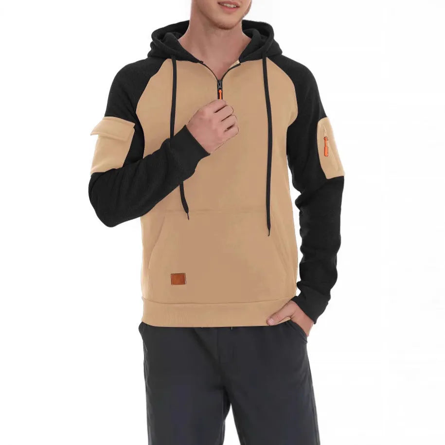 Men's pullover hoodie with front zipper in khaki showing hood and long sleeves