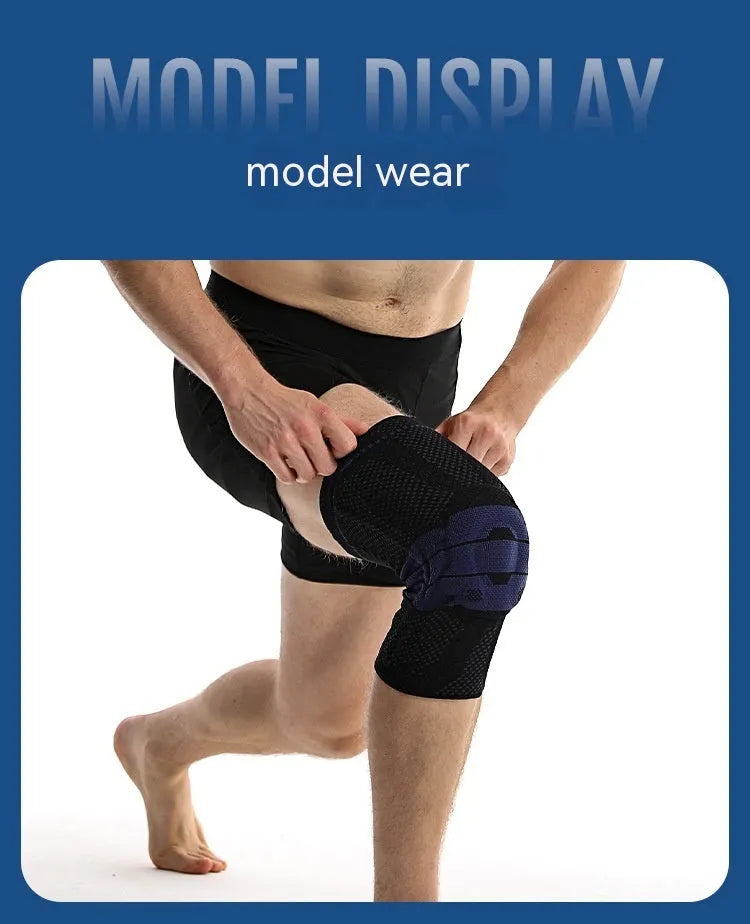 Adult sports kneepad in nylon and spandex for basketball running protection, showing black and blue colour option