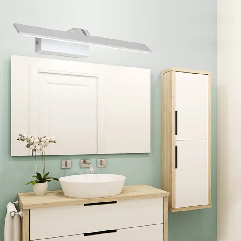 White LED mirror headlight bar mounted above a bathroom mirror, showing three light colour options.