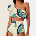 White one-shoulder women's swimsuit with lotus leaf decoration and high-leg split