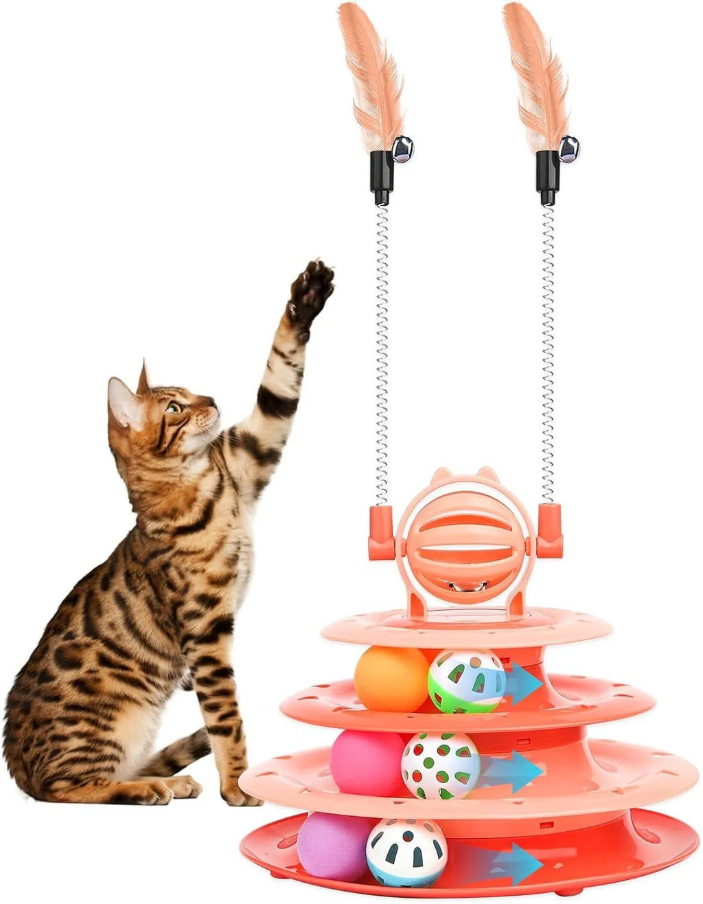 Interactive 4-tier cat puzzle toy with rotating carousel, 6 balls, and teasing rods in blue, green, or pink colours