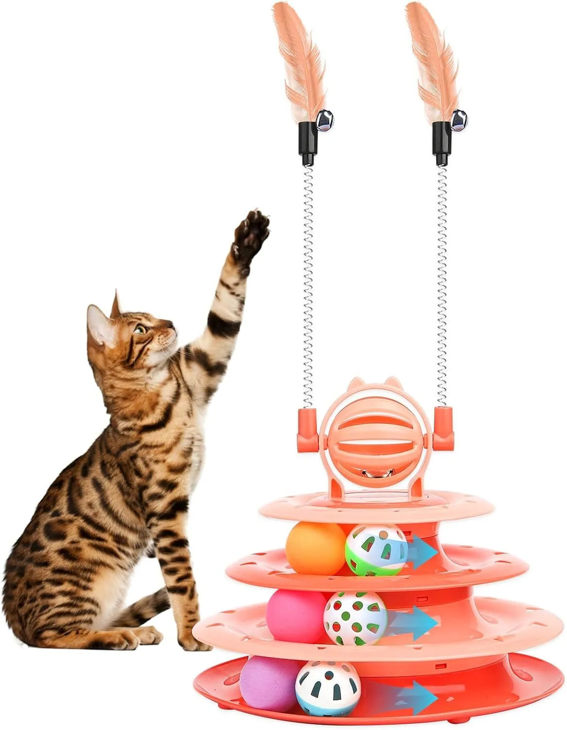 Interactive 4-tier cat puzzle toy with rotating carousel, 6 balls, and teasing rods in blue, green, or pink colours