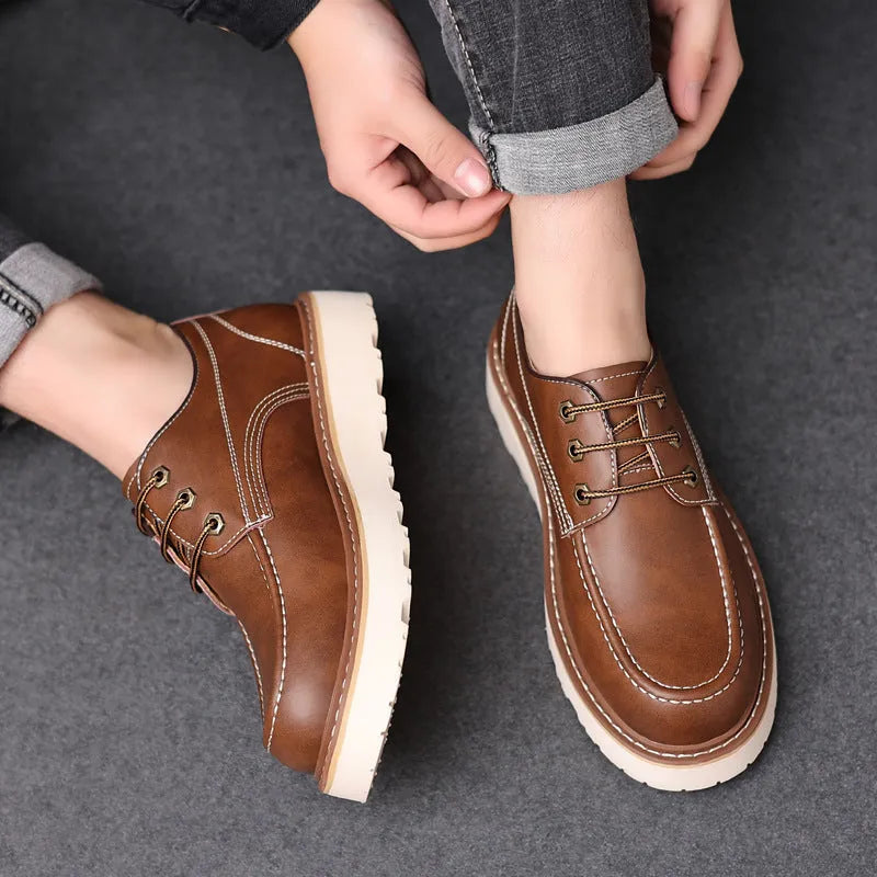 Men's black and brown retro Martin boots with low top and round toe design