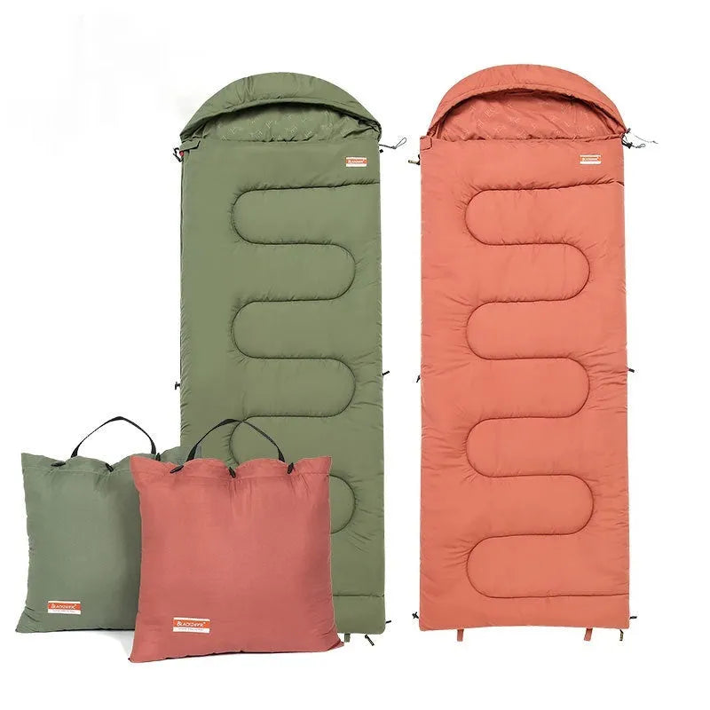 Portable cotton camping sleeping bag in ochre and olive green colours for basic outdoor warmth