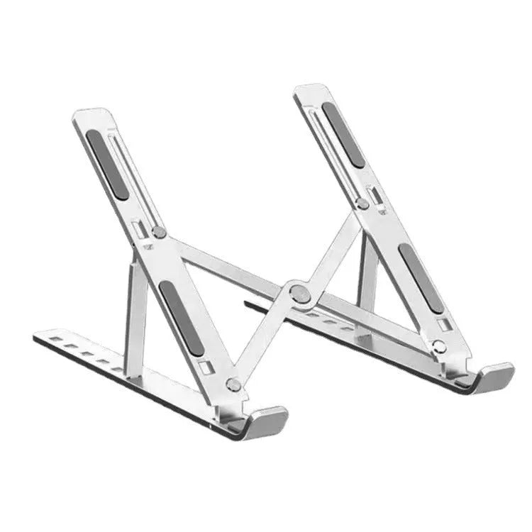 Silver aluminium folding laptop stand shown open and closed next to a laptop