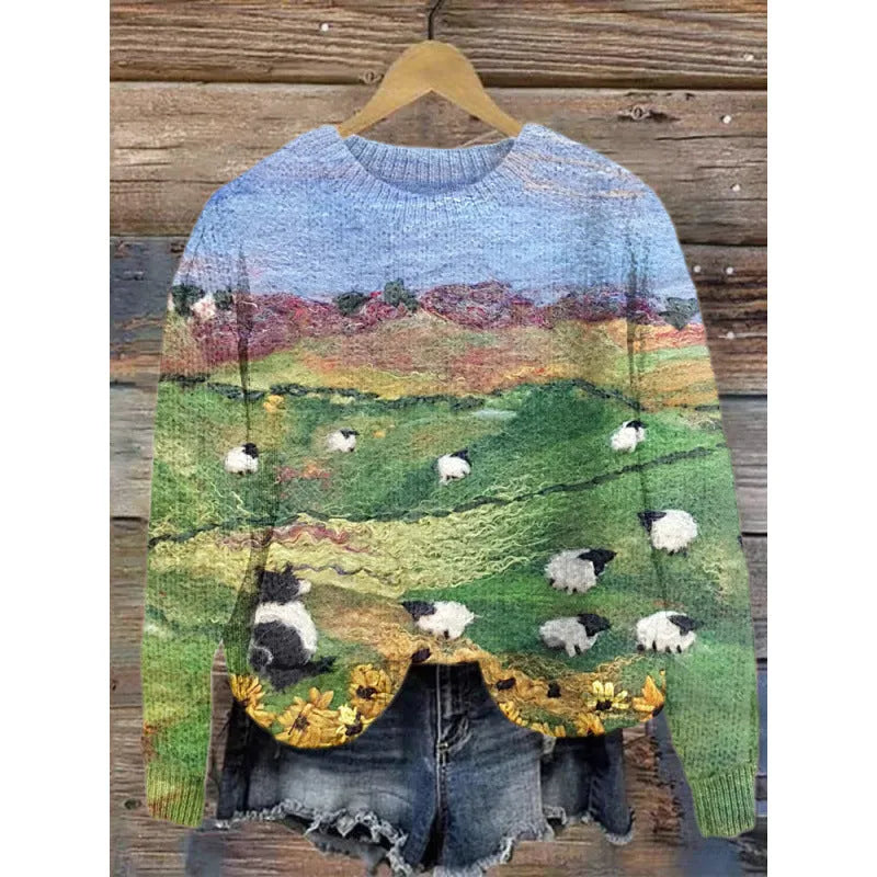 Women's round neck sweater with a digital floral print in a polyester fabric.