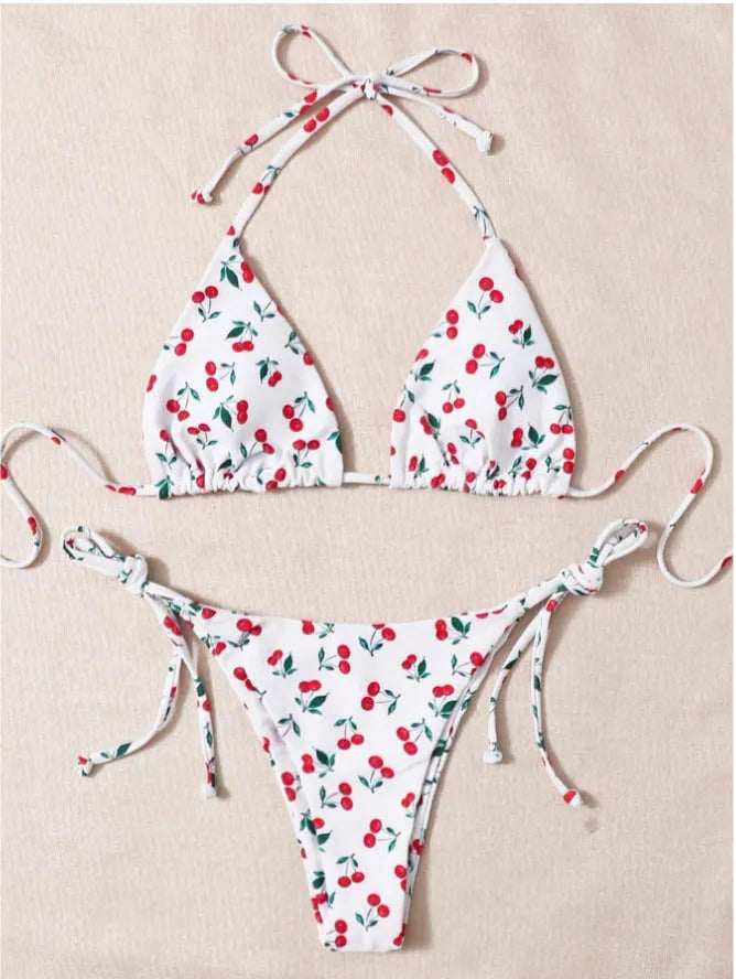 Holiday split halter bikini set in solid colour with nylon lining, backless design, size L