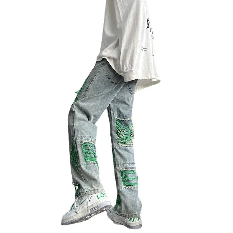 Green ripped jeans for men with raw embroidery, loose fit denim, available in sizes S to 3XL