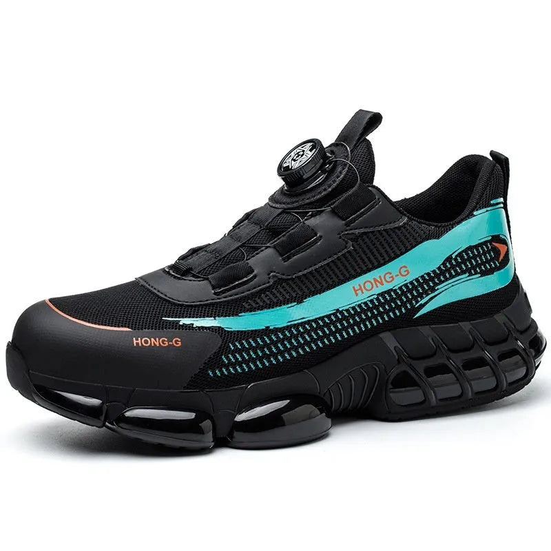 Lightweight black safety work shoes with laces and a steel toe cap on a grey background.