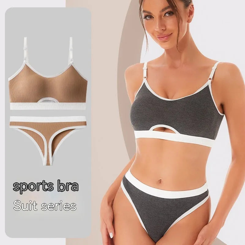 Cotton sports underwear vest set with contrast back, showing bra and panties in black.
