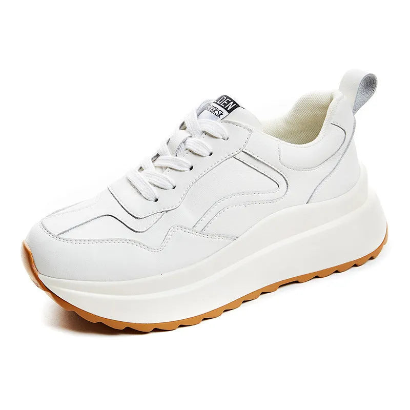 Beige women's low-top leather sports shoes with cross strap and English muffin heel