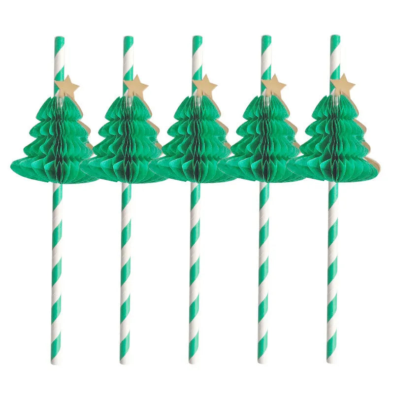 Pack of 50 paper honeycomb Christmas tree straws with three-dimensional tree design, 197mm length straight pipe shape