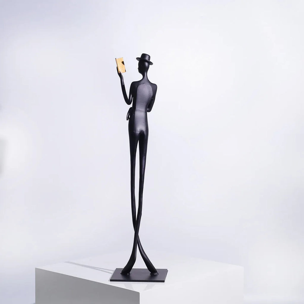 Black aluminium reading woman desktop sculpture modern decor 12x51cm