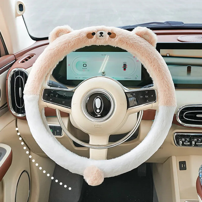 Plush rabbit fur-style steering wheel cover with embroidered cartoon animal design for winter use