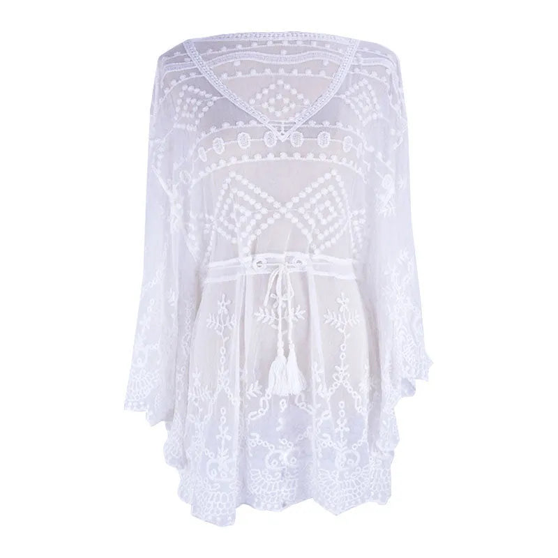 New Lace Swimsuit With Blouse And Hollow Bikini One Size 200g 100% Polyester Lace Two-Piece Set for Women Swimming and Wading Black White Hollow Design Female Swimsuit Set Blouse Top and Bikini Bottom