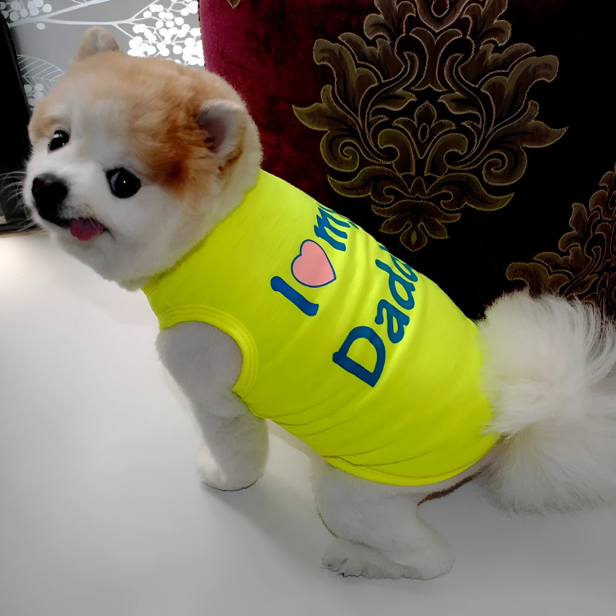 Polyester pet vest with Love Mom print in pink colour for small dogs