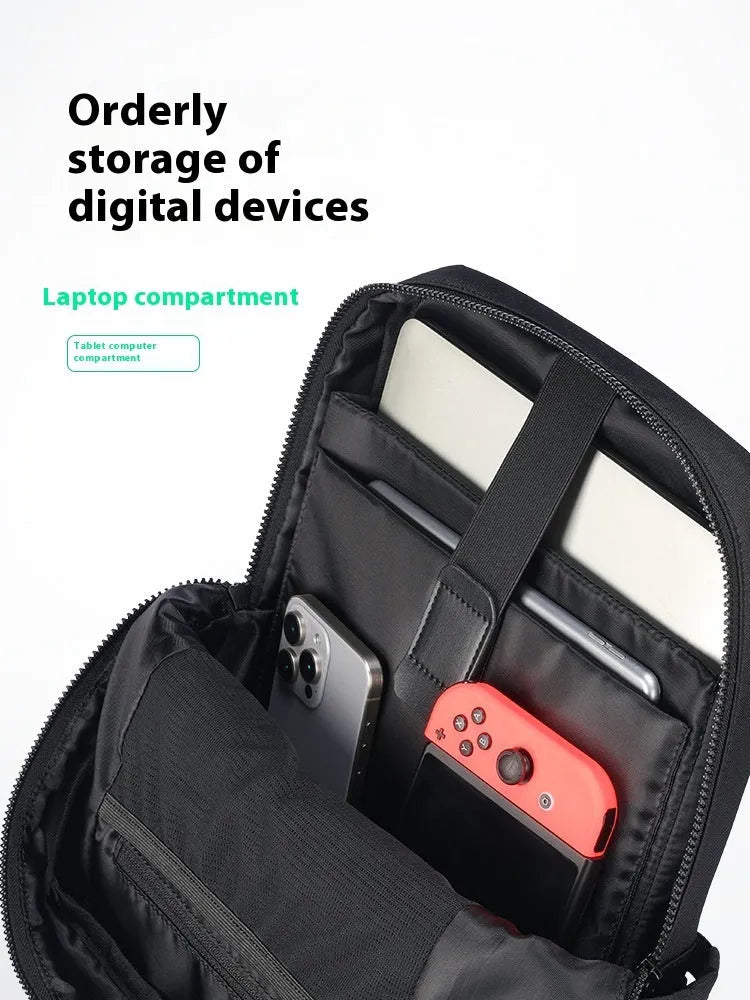 Black Oxford cloth laptop backpack showing 20-35L capacity and lightweight design.