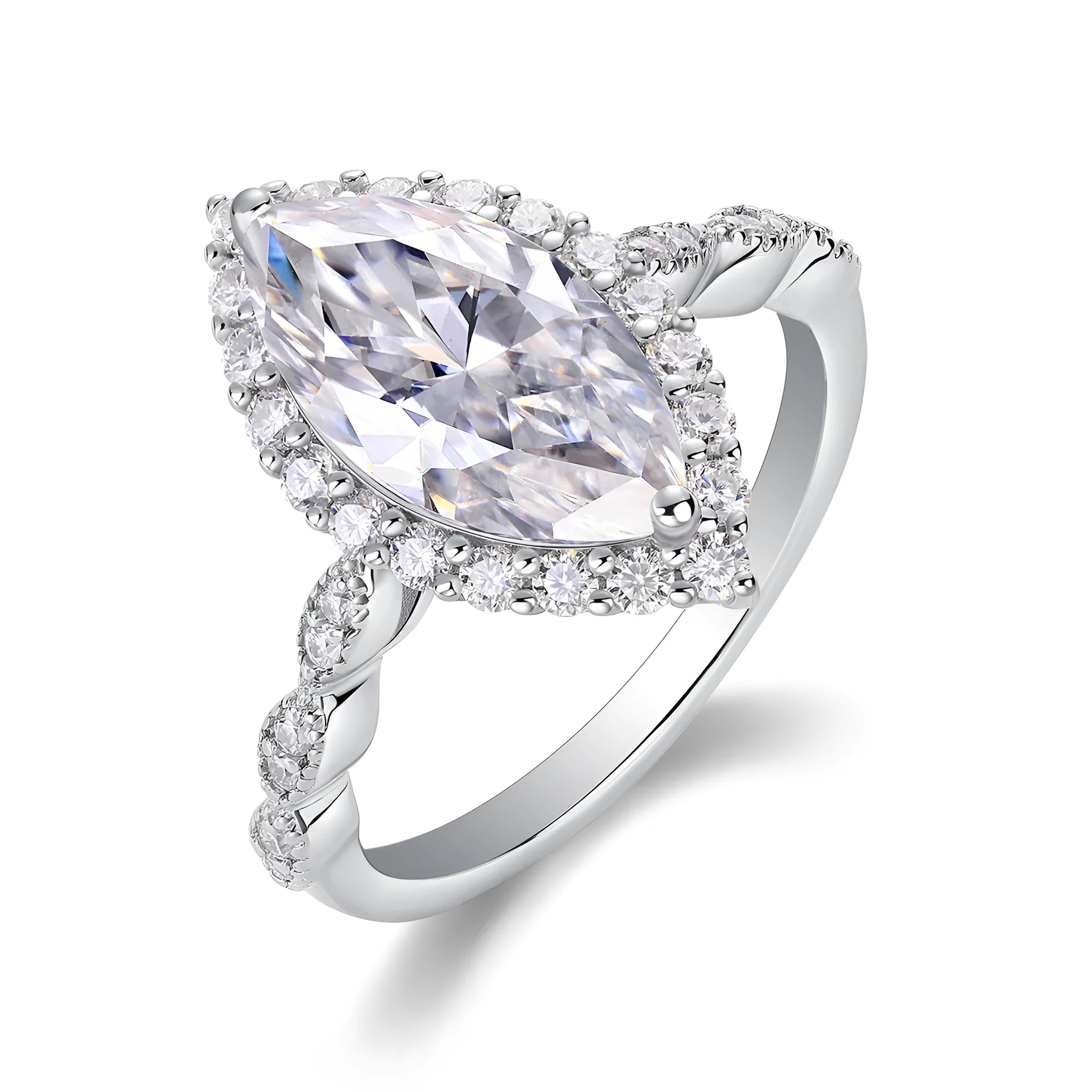 Heartbeat Mirror moissanite wedding ring set S925 silver platinum-plated horse eye shape 7x14mm on display in gift box