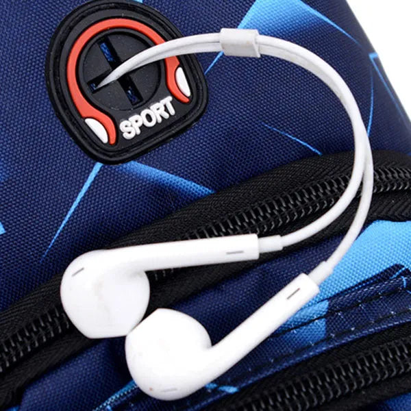 Men's blue crossbody sling bag with earphone hole showing square shape and strap