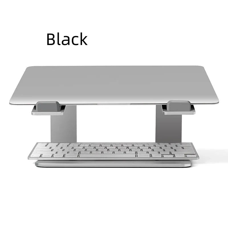 Black aluminium alloy laptop stand with open-frame design measuring 29.9cm wide on wooden desk