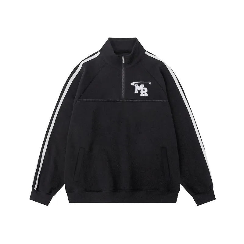 Black American retro stand collar polyester hoodie for men, Hong Kong style, shown in size L.