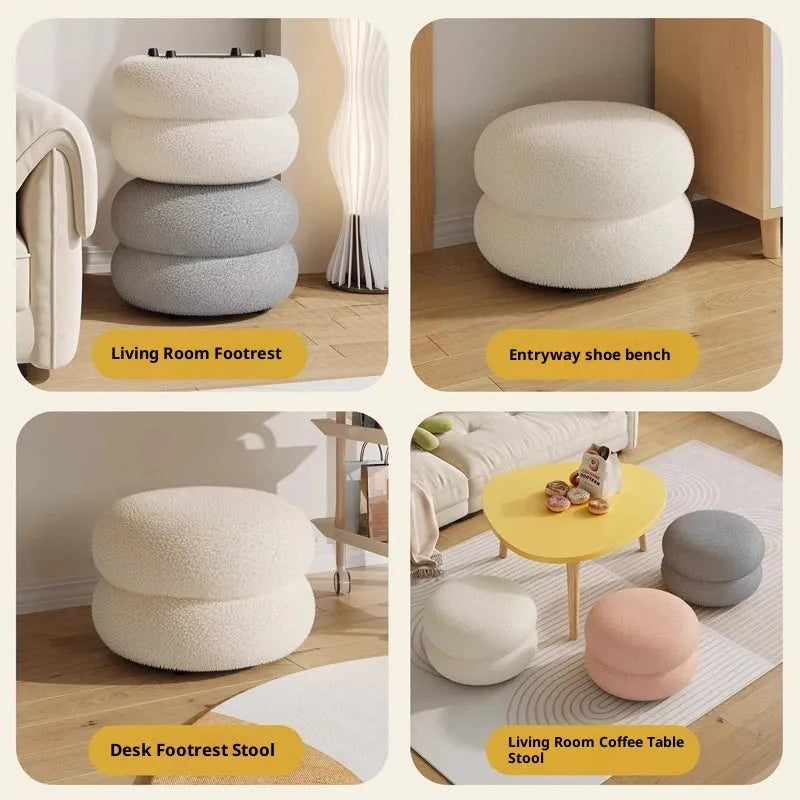 Small cream style round stool with skin-friendly lamb high elastic sponge fill in a living room
