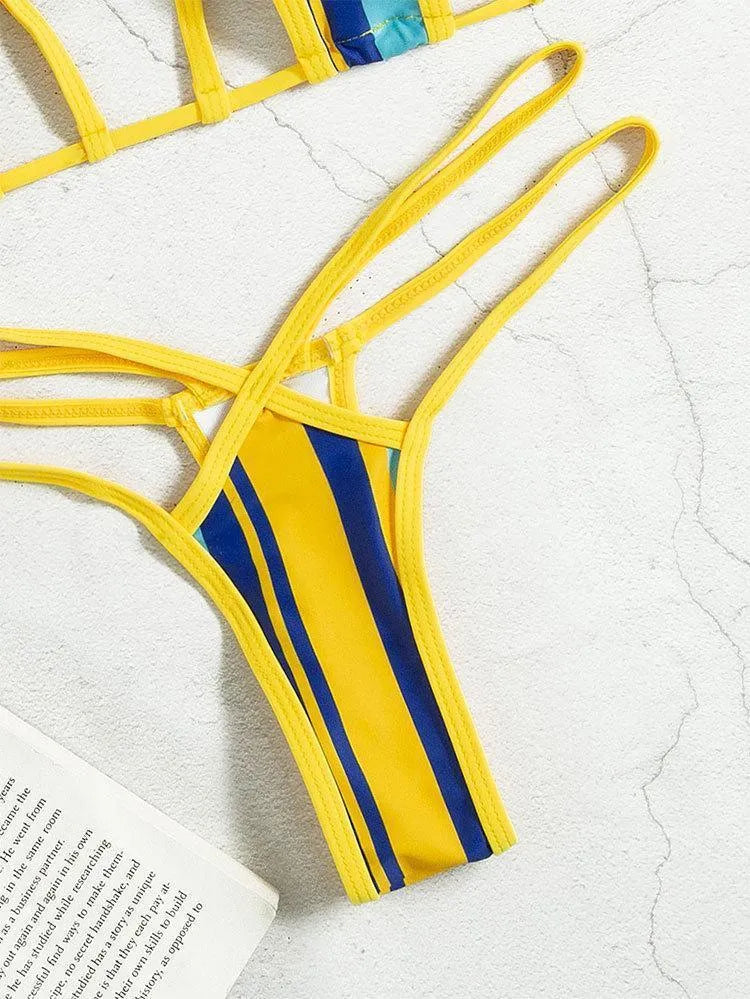 Yellow women's one-piece split swimsuit with neck-hanging style and high-waist backless design