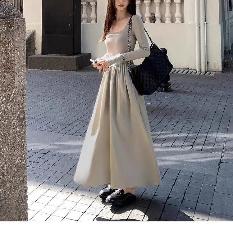 Black square collar knitted dress with elastic waist and long A-line skirt