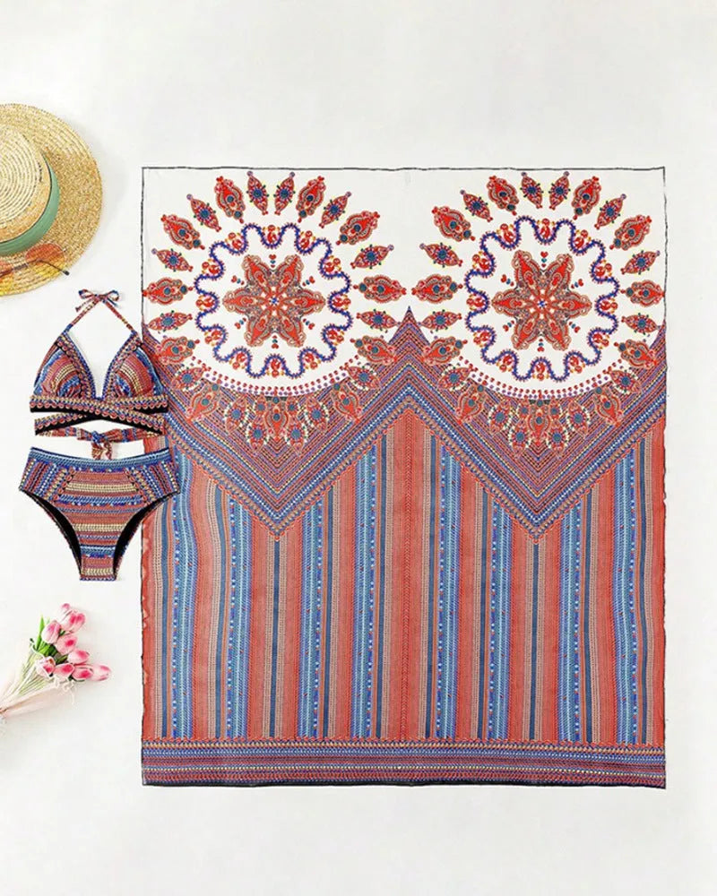 Women's three-piece swimsuit set with high-waist briefs, sleeveless split blouse, and matching coat