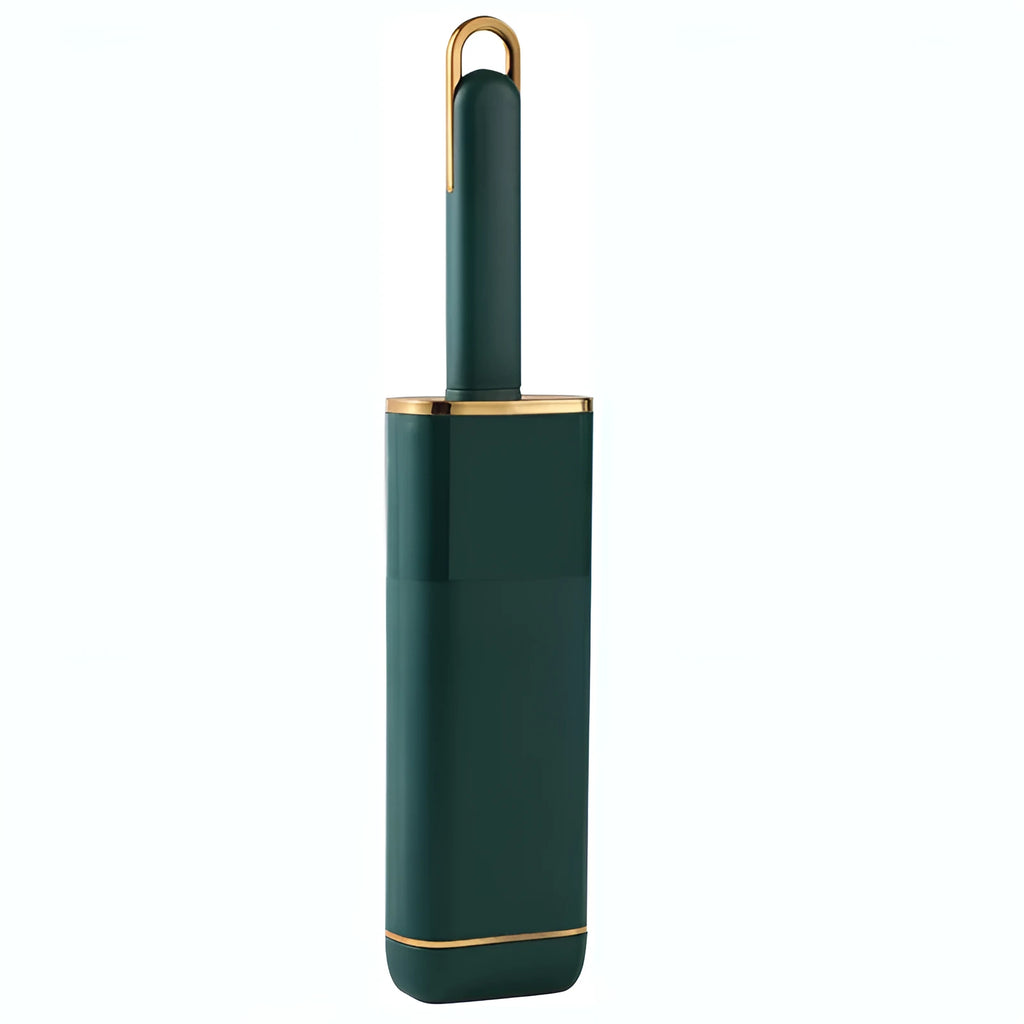 Blue, green, and white pet hair remover brush with double-sided head and storage base.