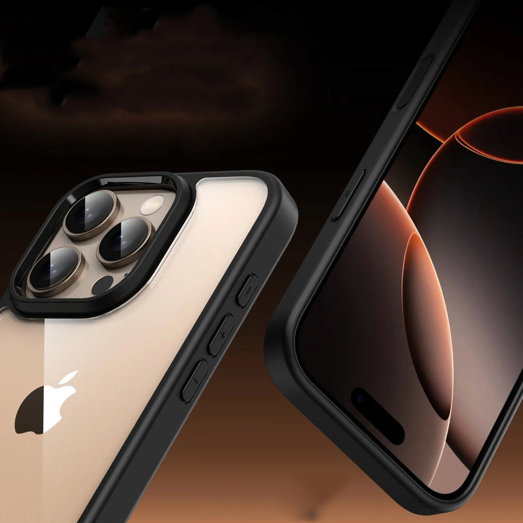 Black transparent magnetic protective case for iPhone 16 models with airbag technology.