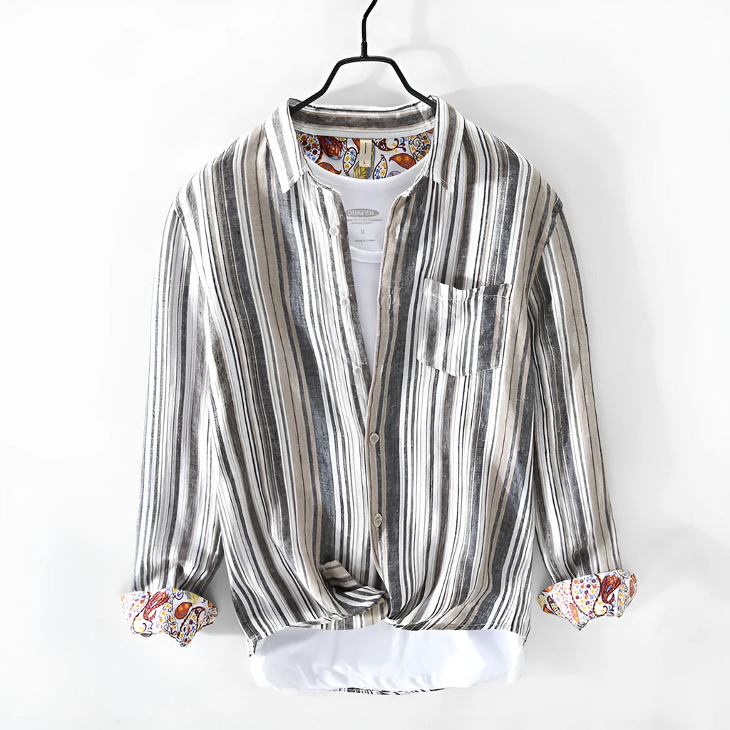 Men's striped linen casual shirt with long sleeves in loose-fitting design
