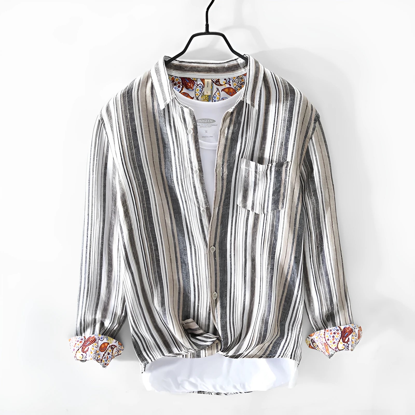 Men's striped linen casual shirt with long sleeves in loose-fitting design