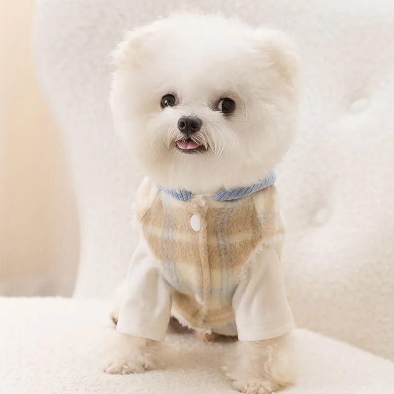 Blue corduroy chessboard grid hooded vest for small dog with traction hood design