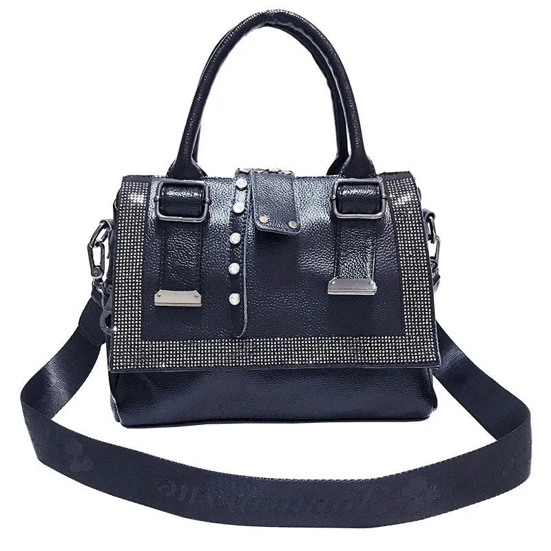 Large soft cowhide leather handbag in black with diamond decoration and lid closure