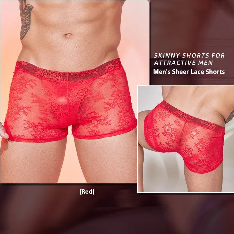 Men's black nylon lace boxers laid flat, showing the free-size fit and textured fabric detail.