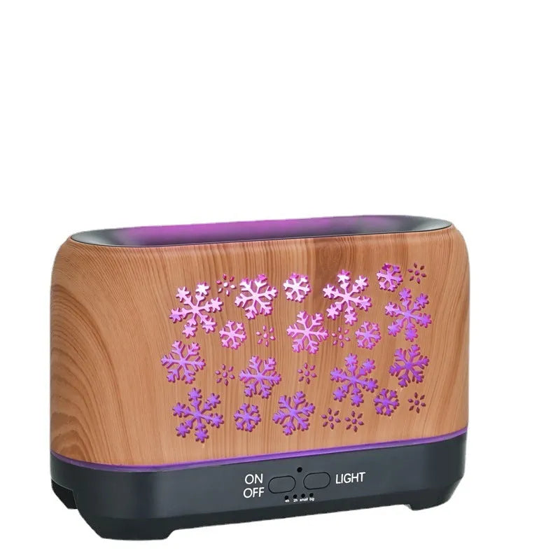 Square plastic humidifier with snowflake wood grain pattern and glowing flame effect light