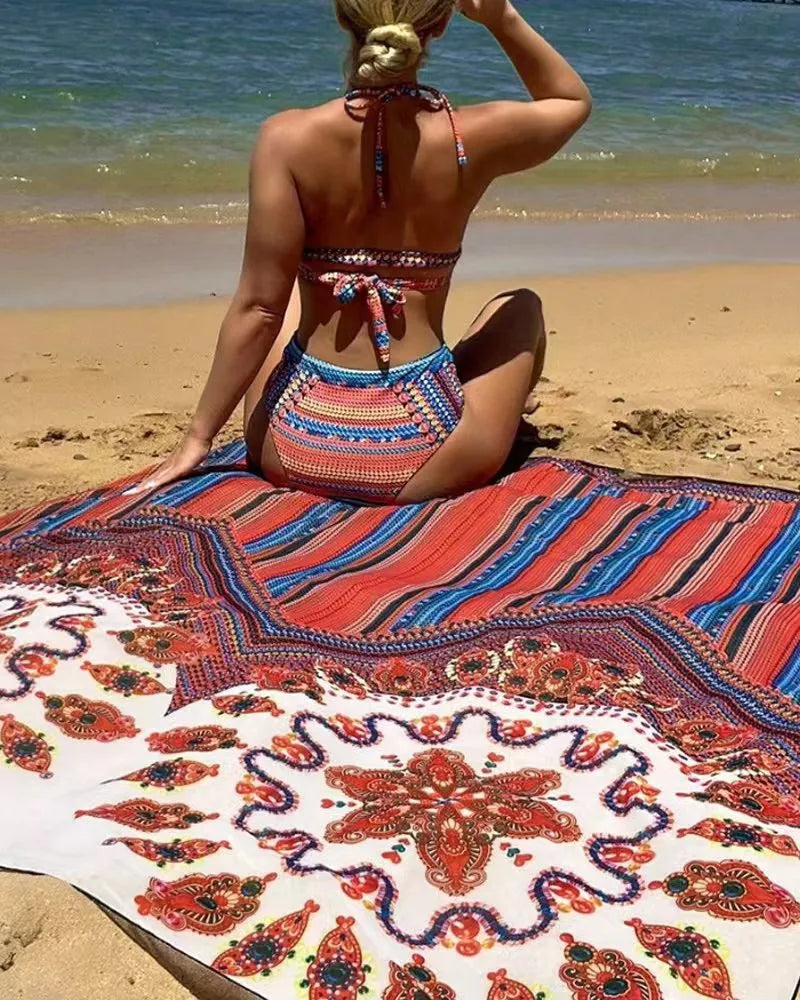Women's three-piece swimsuit set with high-waist briefs, sleeveless split blouse, and matching coat