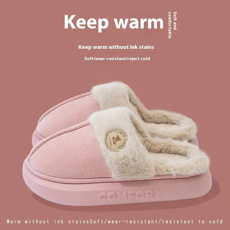 Plush fleece slipper with thick PVC sole and car stitching, shown in blue colour.