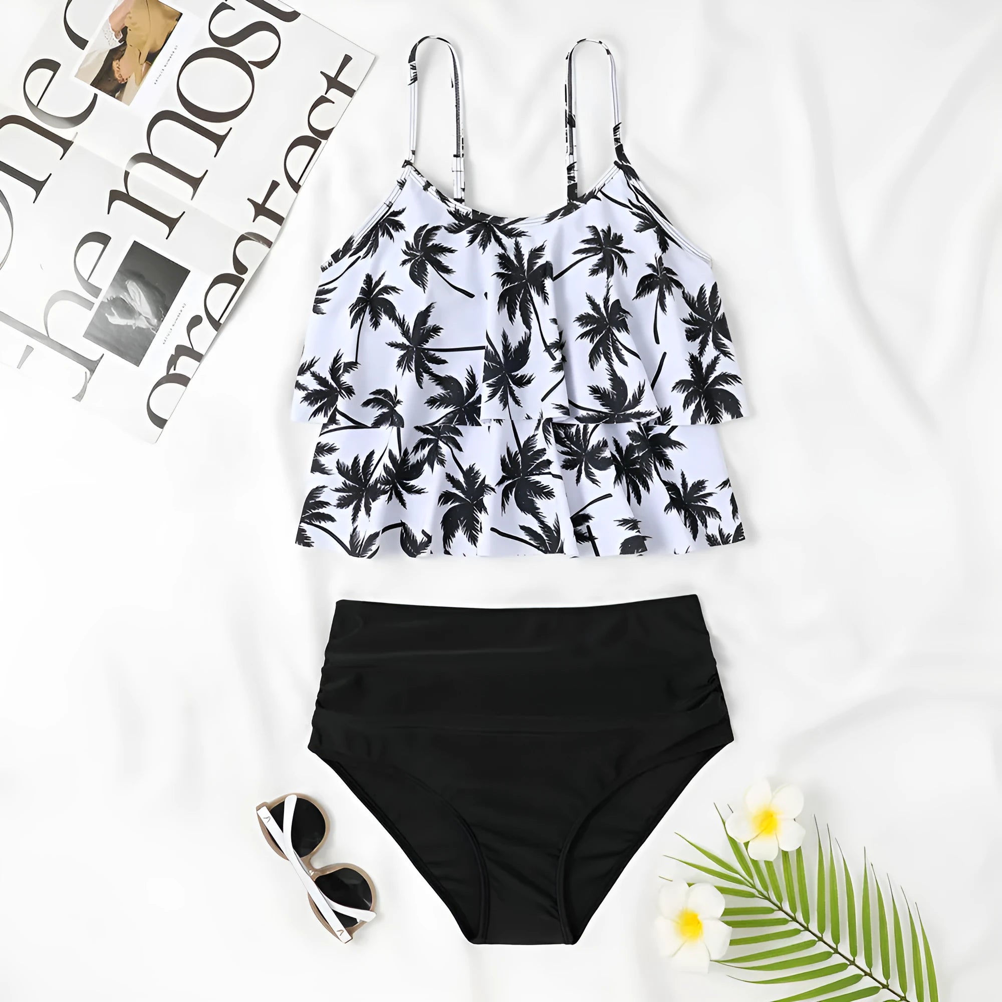 Women's high waist double-layer swimsuit in black or coconut tree floral patterns