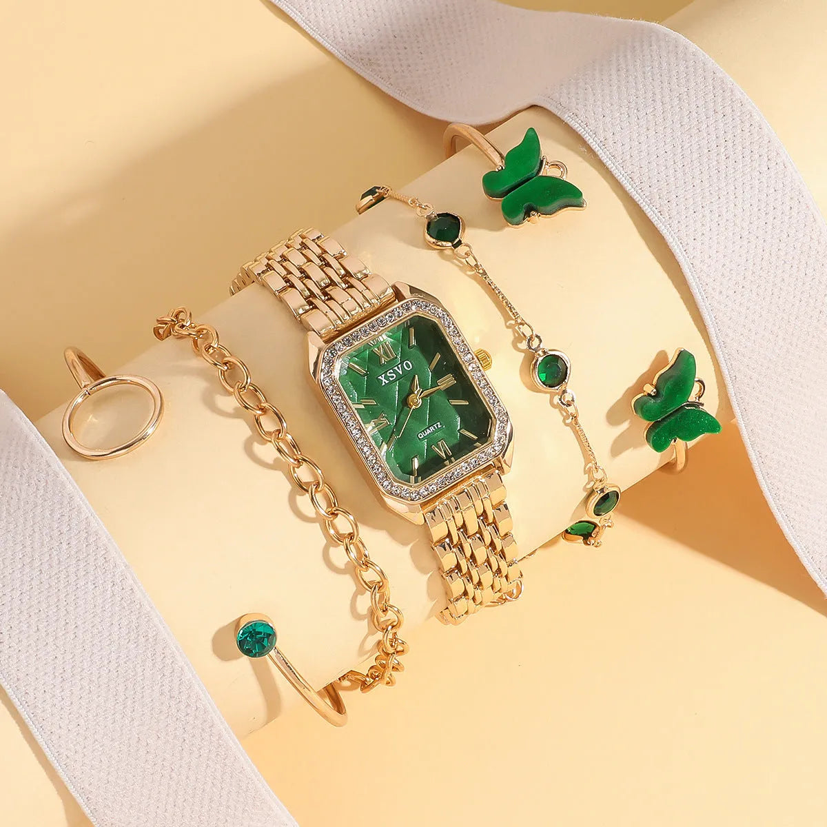Gold green square women's watch with four matching bracelets, 25mm dial, alloy case