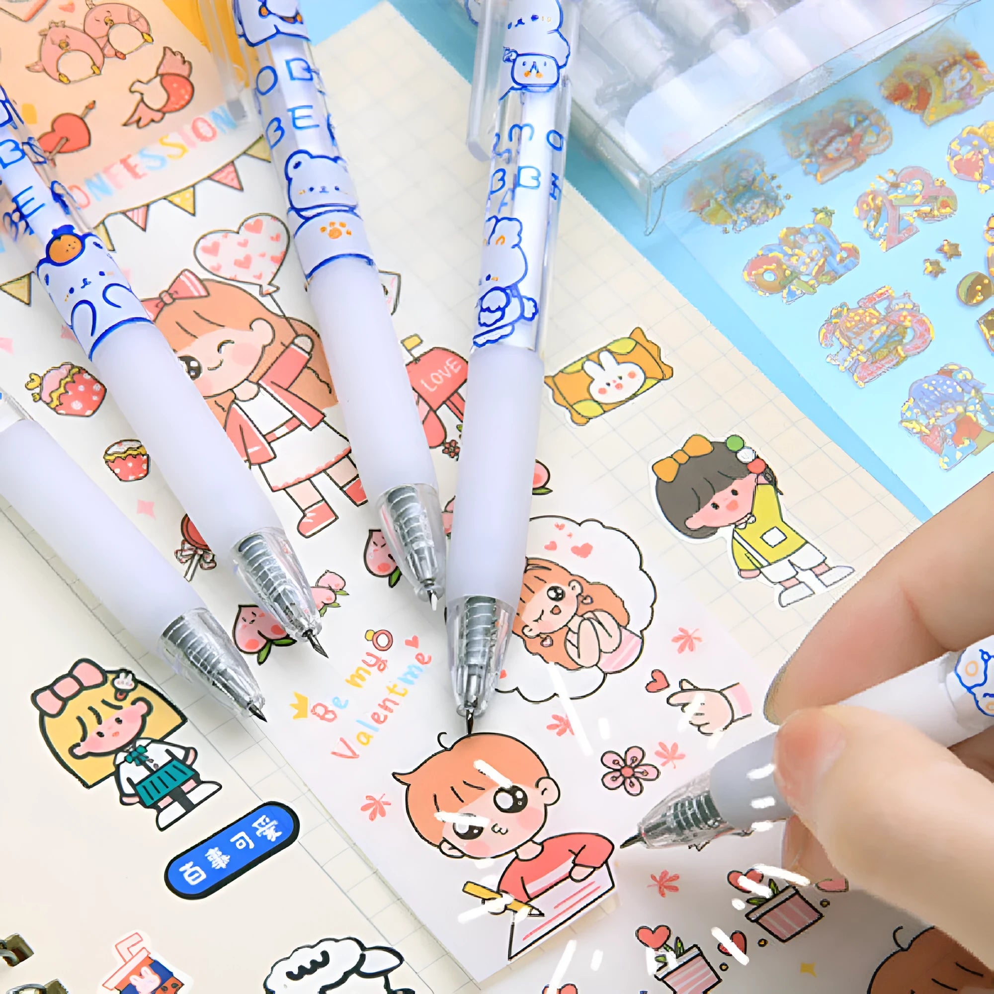 Set of six cute cream bear and rabbit themed press pen knives made of plastic and metal