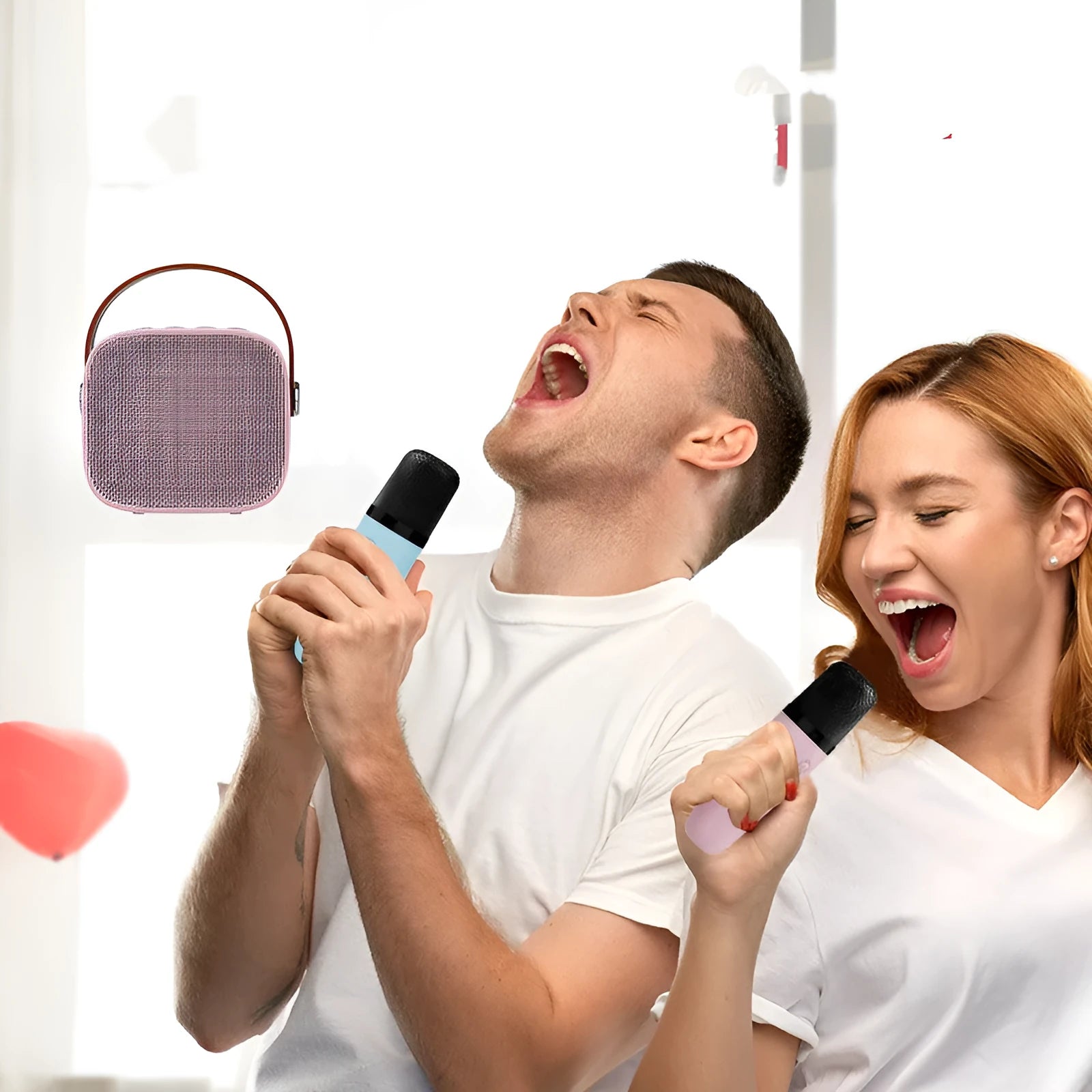 Compact portable Bluetooth speaker with microphone in white, pink, or blue colour options