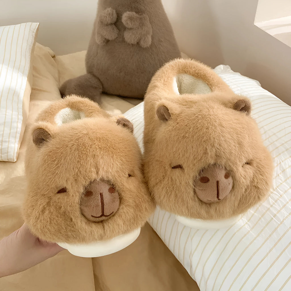 Light brown women's winter slippers with plush upper and cartoon pattern