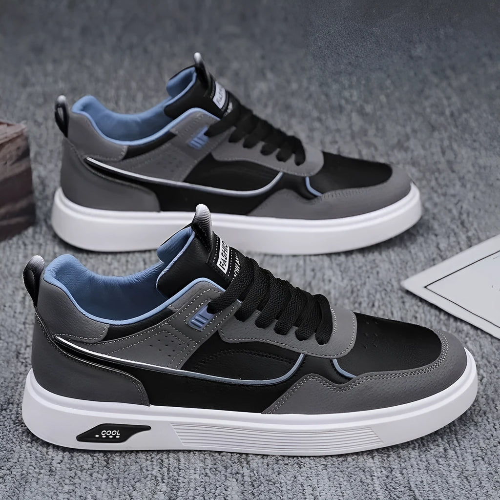 Men's canvas board shoes with mesh lining in black, beige and grey colours showing round toe and flat heel design