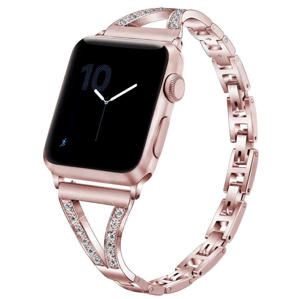 Silver herringbone diamond pattern metal strap for Apple Watch, showing adjustable links and connector lugs.
