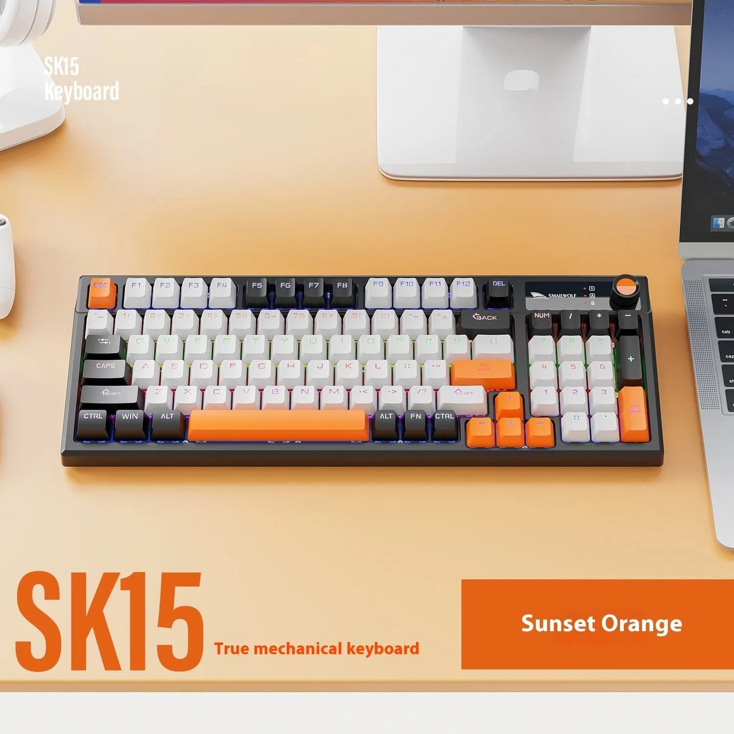 SK15 wired mechanical keyboard with central control knob in Autumn Water Blue colour on a desk.